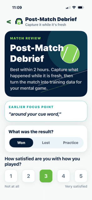 CalmCourt post-match debrief screen