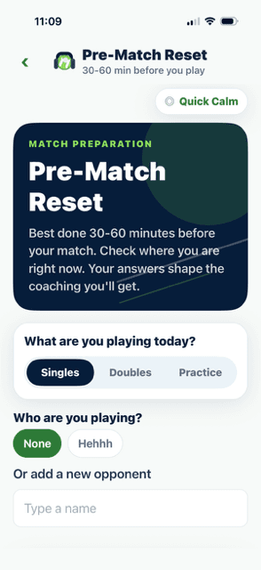 CalmCourt pre-match reset screen